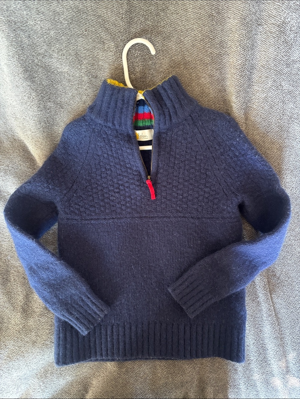 Boden Navy Knit Half-Zip Sweater with Multicolor Stripe Trim